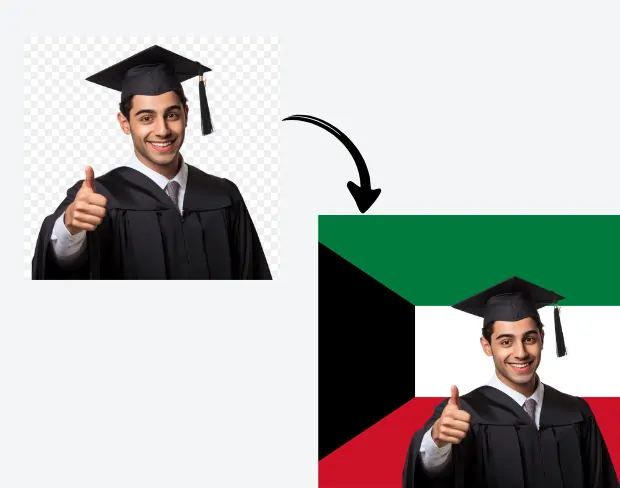 AI video editor showing woman with ready-to-use kuwait flag background adding templates for office, classroom, and home—no green screen needed.