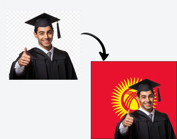 AI video editor showing woman with ready-to-use kyrgyzstan flag background adding templates for office, classroom, and home—no green screen needed.