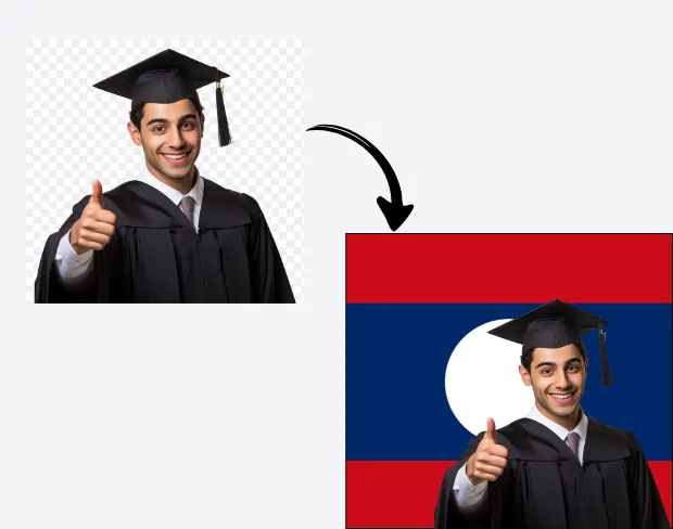 AI video editor showing woman with ready-to-use laos flag background adding templates for office, classroom, and home—no green screen needed.