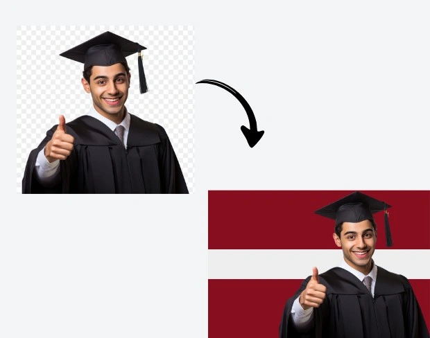 AI video editor showing woman with ready-to-use latvia flag background adding templates for office, classroom, and home—no green screen needed.