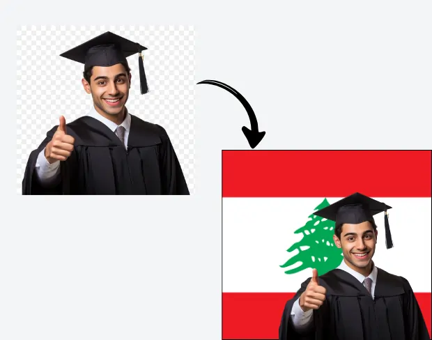 AI video editor showing woman with ready-to-use lebanon flag background adding templates for office, classroom, and home—no green screen needed.
