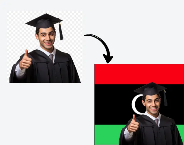 AI video editor showing woman with ready-to-use libya flag background adding templates for office, classroom, and home—no green screen needed.