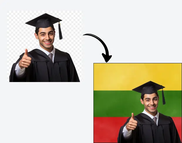 AI video editor showing woman with ready-to-use lithuania flag background adding templates for office, classroom, and home—no green screen needed.