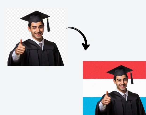 AI video editor showing woman with ready-to-use luxembourg flag background adding templates for office, classroom, and home—no green screen needed.