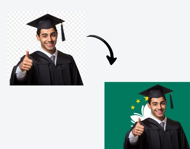 AI video editor showing woman with ready-to-use macau flag background adding templates for office, classroom, and home—no green screen needed.