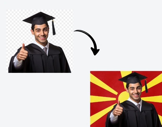 AI video editor showing woman with ready-to-use northmacedonia flag background adding templates for office, classroom, and home—no green screen needed.
