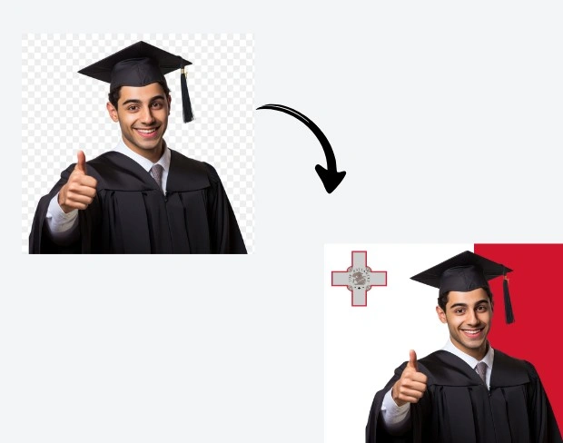 AI video editor showing woman with ready-to-use malta flag background adding templates for office, classroom, and home—no green screen needed.