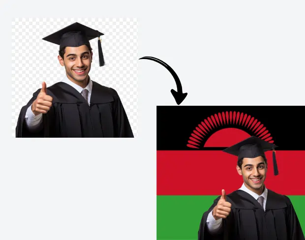 AI video editor showing woman with ready-to-use malawi flag background adding templates for office, classroom, and home—no green screen needed.