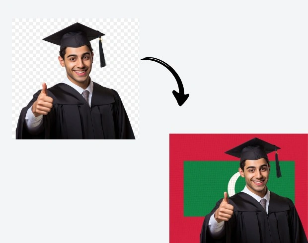 AI video editor showing woman with ready-to-use maldives flag background adding templates for office, classroom, and home—no green screen needed.
