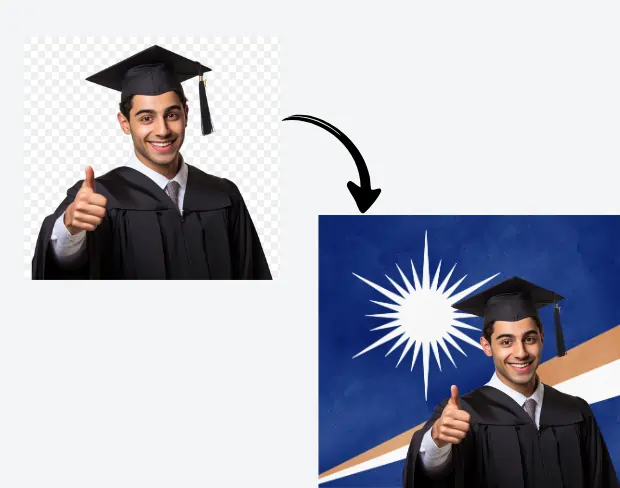 AI video editor showing woman with ready-to-use marshallislands flag background adding templates for office, classroom, and home—no green screen needed.
