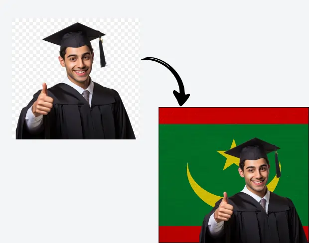 AI video editor showing woman with ready-to-use mauritania flag background adding templates for office, classroom, and home—no green screen needed.