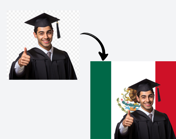 AI video editor showing woman with ready-to-use mexico flag background adding templates for office, classroom, and home—no green screen needed.