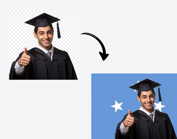 AI video editor showing woman with ready-to-use micronesia flag background adding templates for office, classroom, and home—no green screen needed.