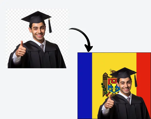 AI video editor showing woman with ready-to-use moldova flag background adding templates for office, classroom, and home—no green screen needed.