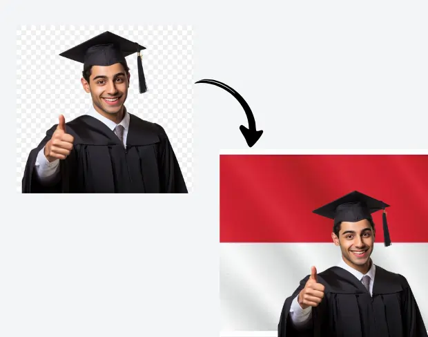 AI video editor showing woman with ready-to-use monaco flag background adding templates for office, classroom, and home—no green screen needed.