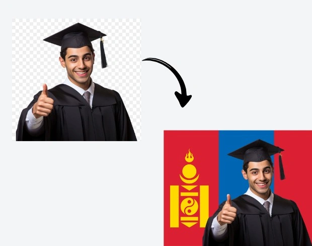 AI video editor showing woman with ready-to-use mongolia flag background adding templates for office, classroom, and home—no green screen needed.