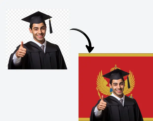 AI video editor showing woman with ready-to-use montenegro flag background adding templates for office, classroom, and home—no green screen needed.