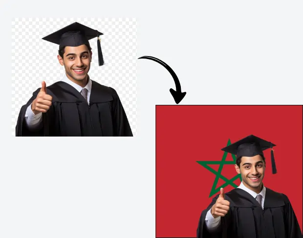 AI video editor showing woman with ready-to-use morocco flag background adding templates for office, classroom, and home—no green screen needed.