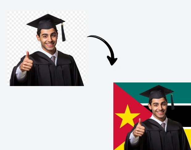 AI video editor showing woman with ready-to-use mozambique flag background adding templates for office, classroom, and home—no green screen needed.