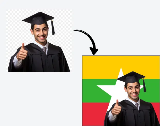 AI video editor showing woman with ready-to-use myanmar flag background adding templates for office, classroom, and home—no green screen needed.
