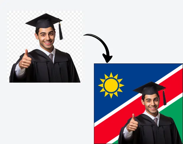 AI video editor showing woman with ready-to-use namibia flag background adding templates for office, classroom, and home—no green screen needed.