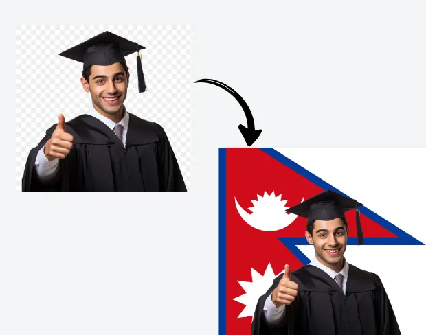 AI video editor showing woman with ready-to-use nepal flag background adding templates for office, classroom, and home—no green screen needed.