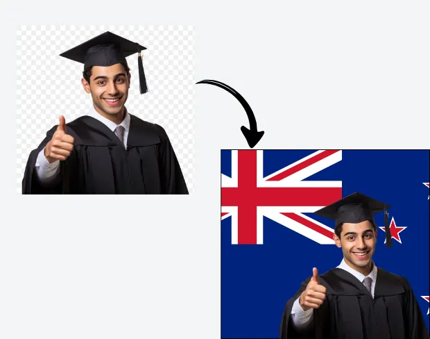 AI video editor showing woman with ready-to-use newzealand flag background adding templates for office, classroom, and home—no green screen needed.