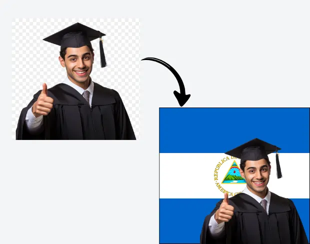 AI video editor showing woman with ready-to-use nicaragua flag background adding templates for office, classroom, and home—no green screen needed.