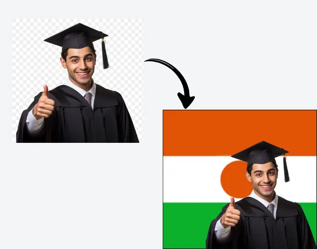 AI video editor showing woman with ready-to-use niger flag background adding templates for office, classroom, and home—no green screen needed.