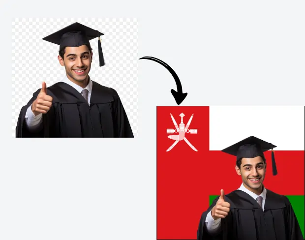 AI video editor showing woman with ready-to-use oman flag background adding templates for office, classroom, and home—no green screen needed.
