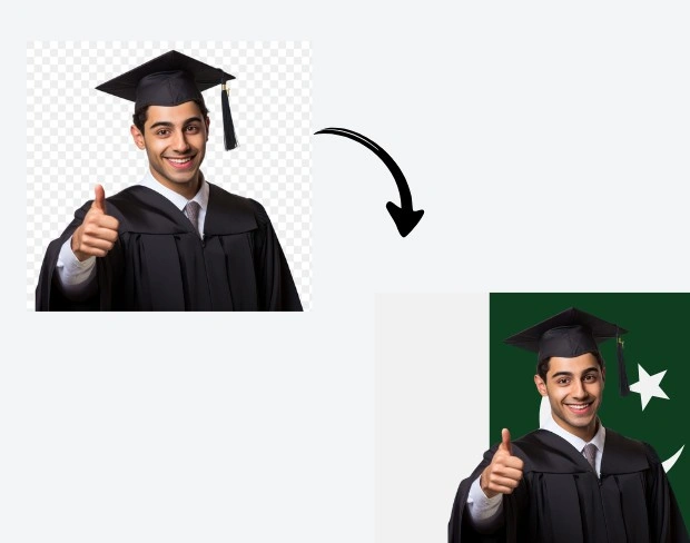 AI video editor showing woman with ready-to-use pakistan flag background adding templates for office, classroom, and home—no green screen needed.