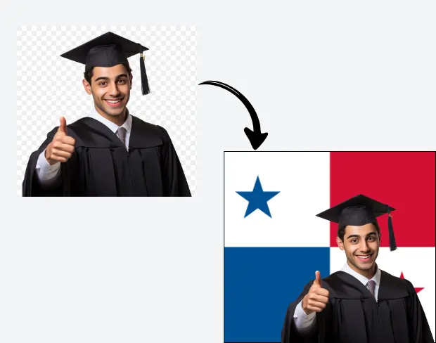AI video editor showing woman with ready-to-use panama flag background adding templates for office, classroom, and home—no green screen needed.