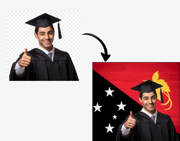 AI video editor showing woman with ready-to-use papuanewguinea flag background adding templates for office, classroom, and home—no green screen needed.