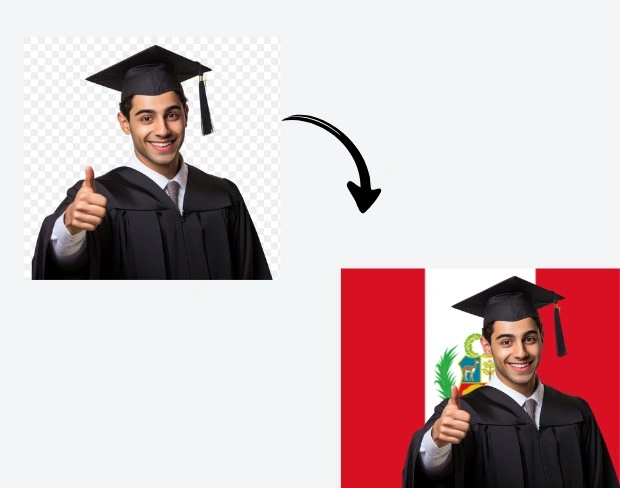 AI video editor showing woman with ready-to-use peru flag background adding templates for office, classroom, and home—no green screen needed.