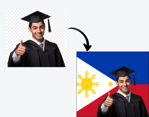 AI video editor showing woman with ready-to-use philippines flag background adding templates for office, classroom, and home—no green screen needed.
