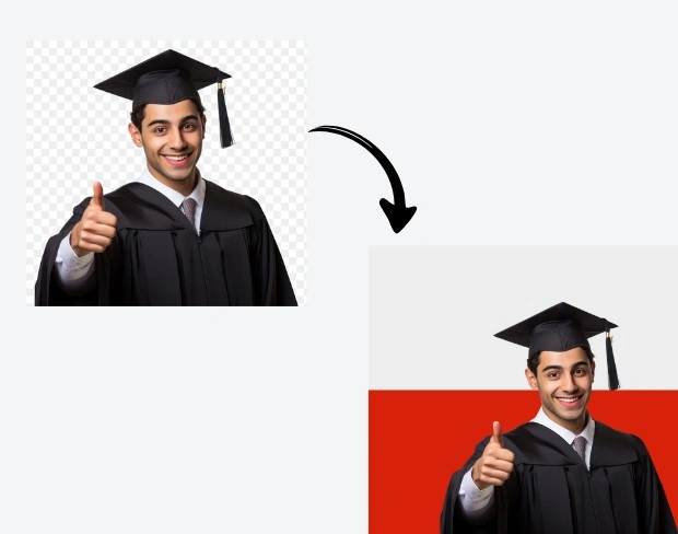 AI video editor showing woman with ready-to-use poland flag background adding templates for office, classroom, and home—no green screen needed.