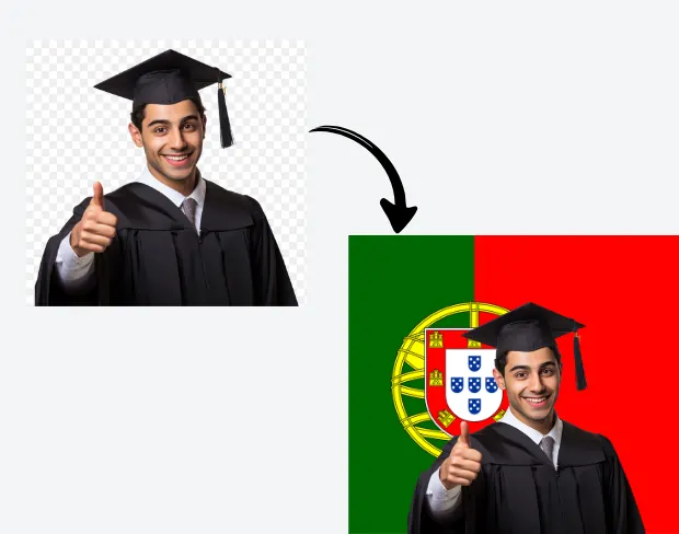 AI video editor showing woman with ready-to-use portugal flag background adding templates for office, classroom, and home—no green screen needed.