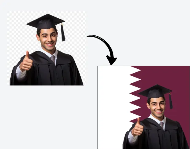 AI video editor showing woman with ready-to-use qatar flag background adding templates for office, classroom, and home—no green screen needed.