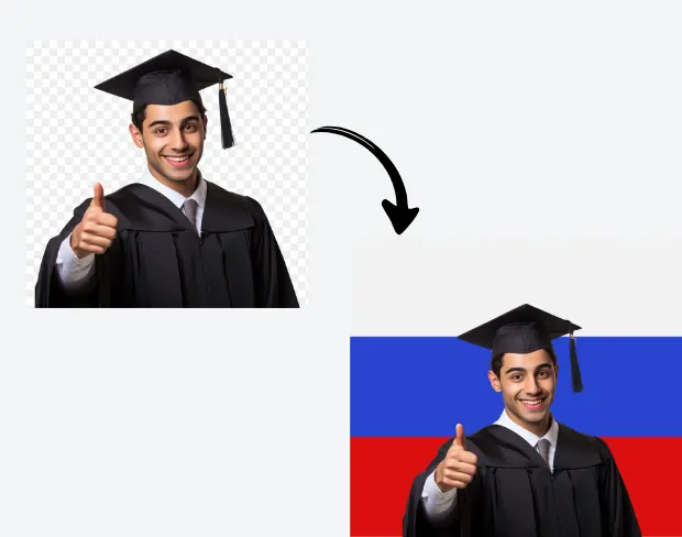 AI video editor showing woman with ready-to-use russia flag background adding templates for office, classroom, and home—no green screen needed.