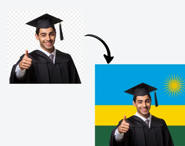 AI video editor showing woman with ready-to-use rwanda flag background adding templates for office, classroom, and home—no green screen needed.