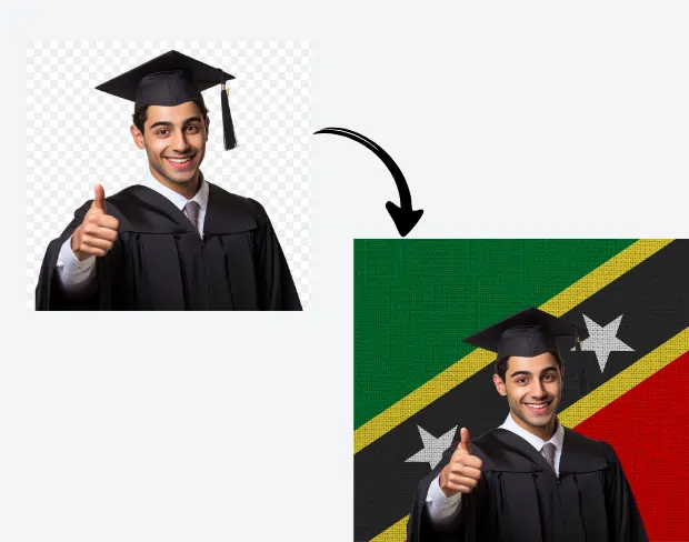 AI video editor showing woman with ready-to-use saintkittsandnevis flag background adding templates for office, classroom, and home—no green screen needed.