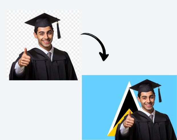 AI video editor showing woman with ready-to-use saintlucia flag background adding templates for office, classroom, and home—no green screen needed.