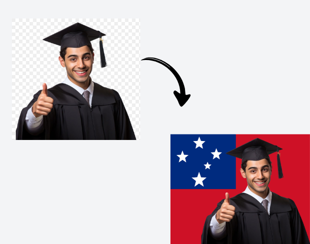 AI video editor showing woman with ready-to-use samoa flag background adding templates for office, classroom, and home—no green screen needed.