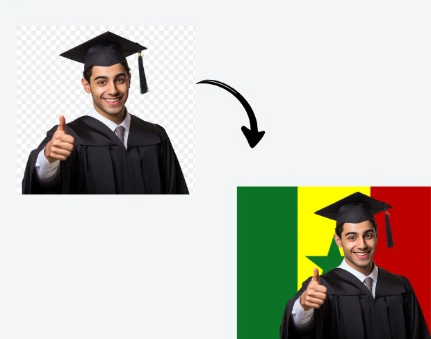 AI video editor showing woman with ready-to-use senegal flag background adding templates for office, classroom, and home—no green screen needed.