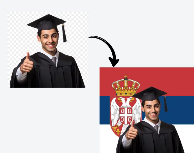 AI video editor showing woman with ready-to-use serbia flag background adding templates for office, classroom, and home—no green screen needed.