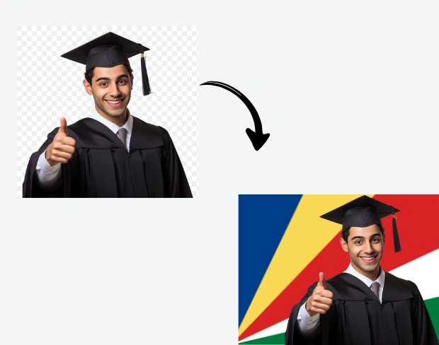 AI video editor showing woman with ready-to-use seychelles flag background adding templates for office, classroom, and home—no green screen needed.