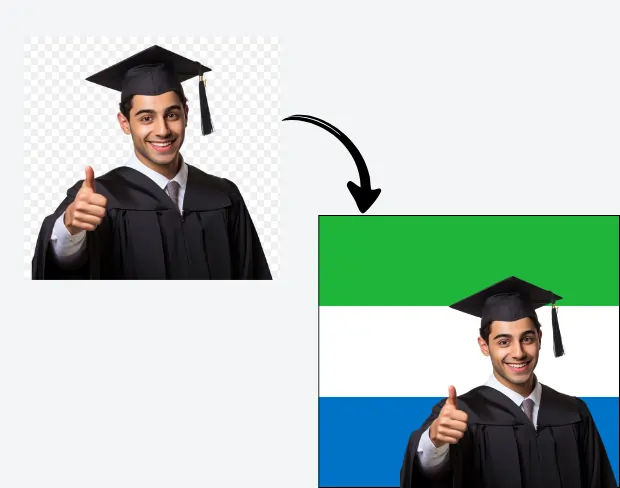 AI video editor showing woman with ready-to-use sierraleone flag background adding templates for office, classroom, and home—no green screen needed.