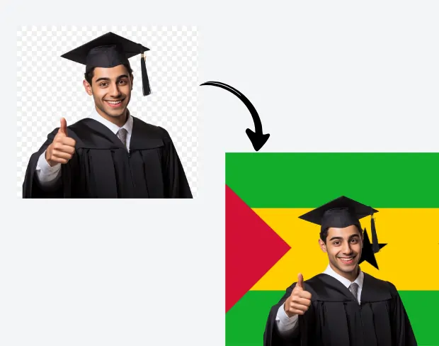 AI video editor showing woman with ready-to-use saotome flag background adding templates for office, classroom, and home—no green screen needed.