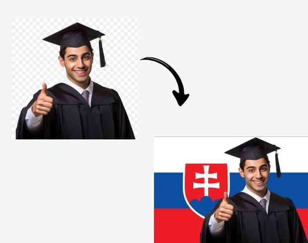 AI video editor showing woman with ready-to-use slovakia flag background adding templates for office, classroom, and home—no green screen needed.