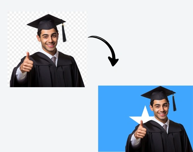 AI video editor showing woman with ready-to-use somalia flag background adding templates for office, classroom, and home—no green screen needed.